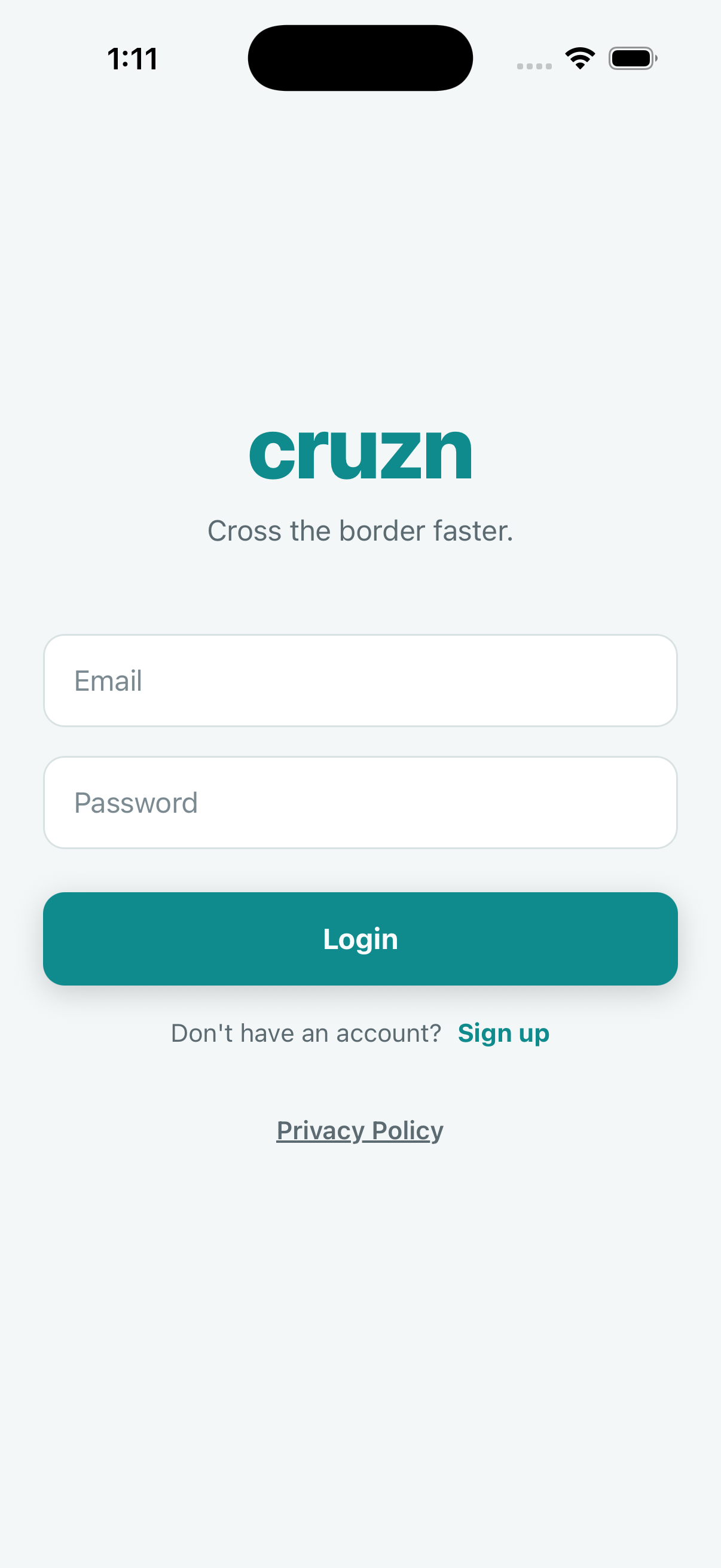 Pantalla de acceso de Cruzn en iPhone