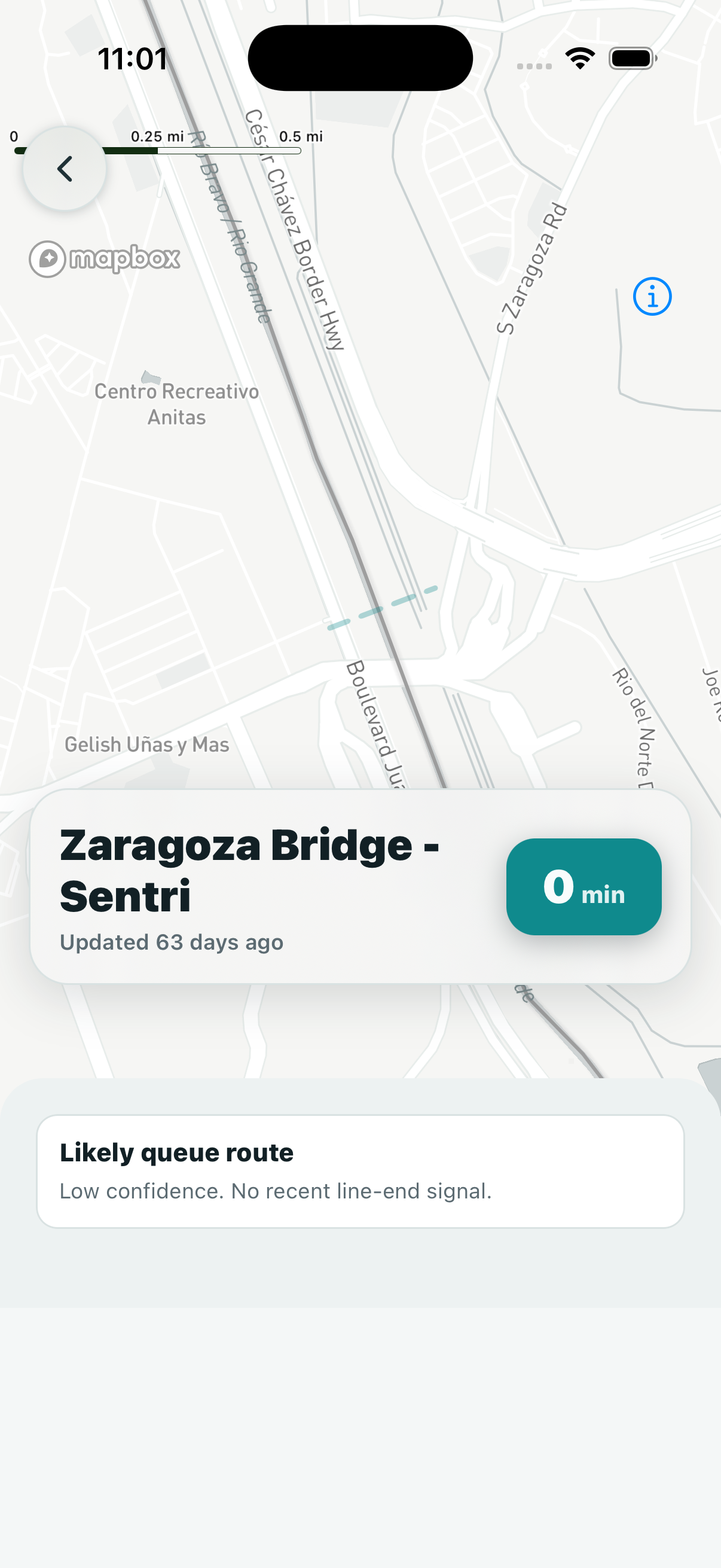 Vista de mapa de Cruzn en iPhone con controles visibles de la fuente Mapbox